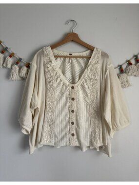 Free People Mae Crochet Button Front Cotton V-neck Top Cottage Prairie Feminine